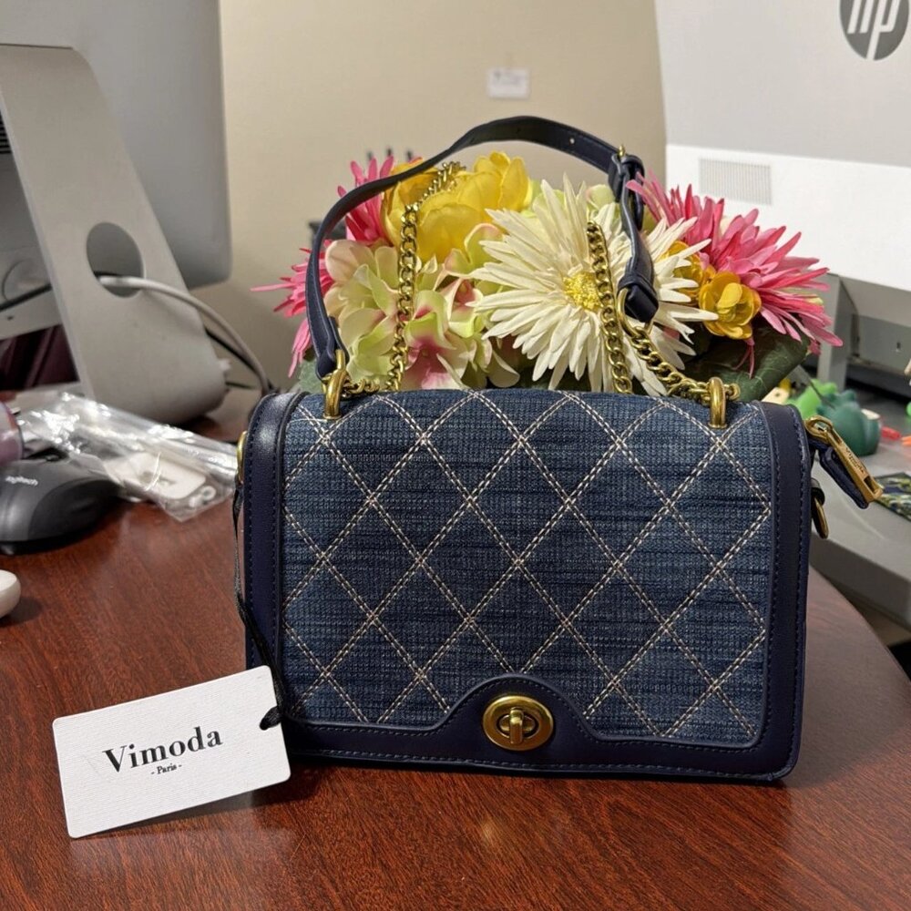 Vimoda Paris Esther Shoulder Bag, Denim Design,Structured Design,Turnlock -NWT